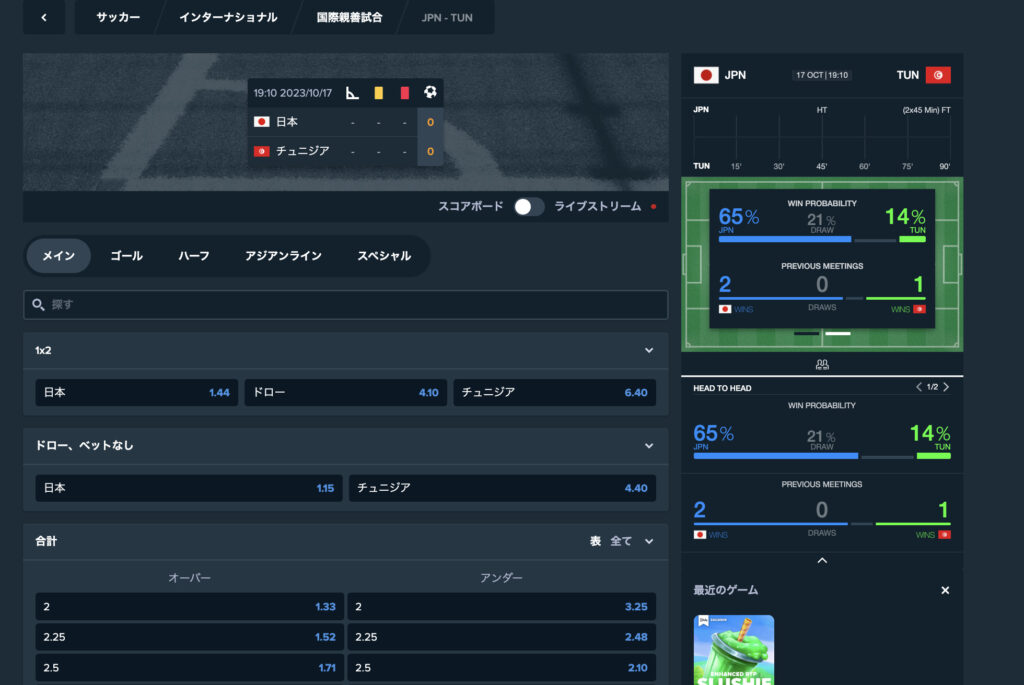 サッカー日本代表 vs チュニジア戦のオッズ